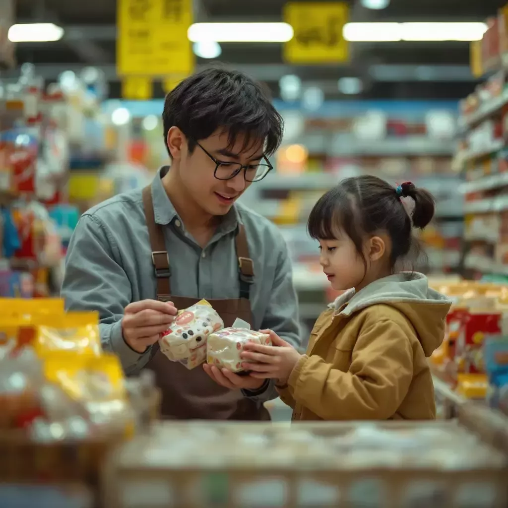 Consumers in a store comparing a 'Made in China' product to a local overly complex one.
