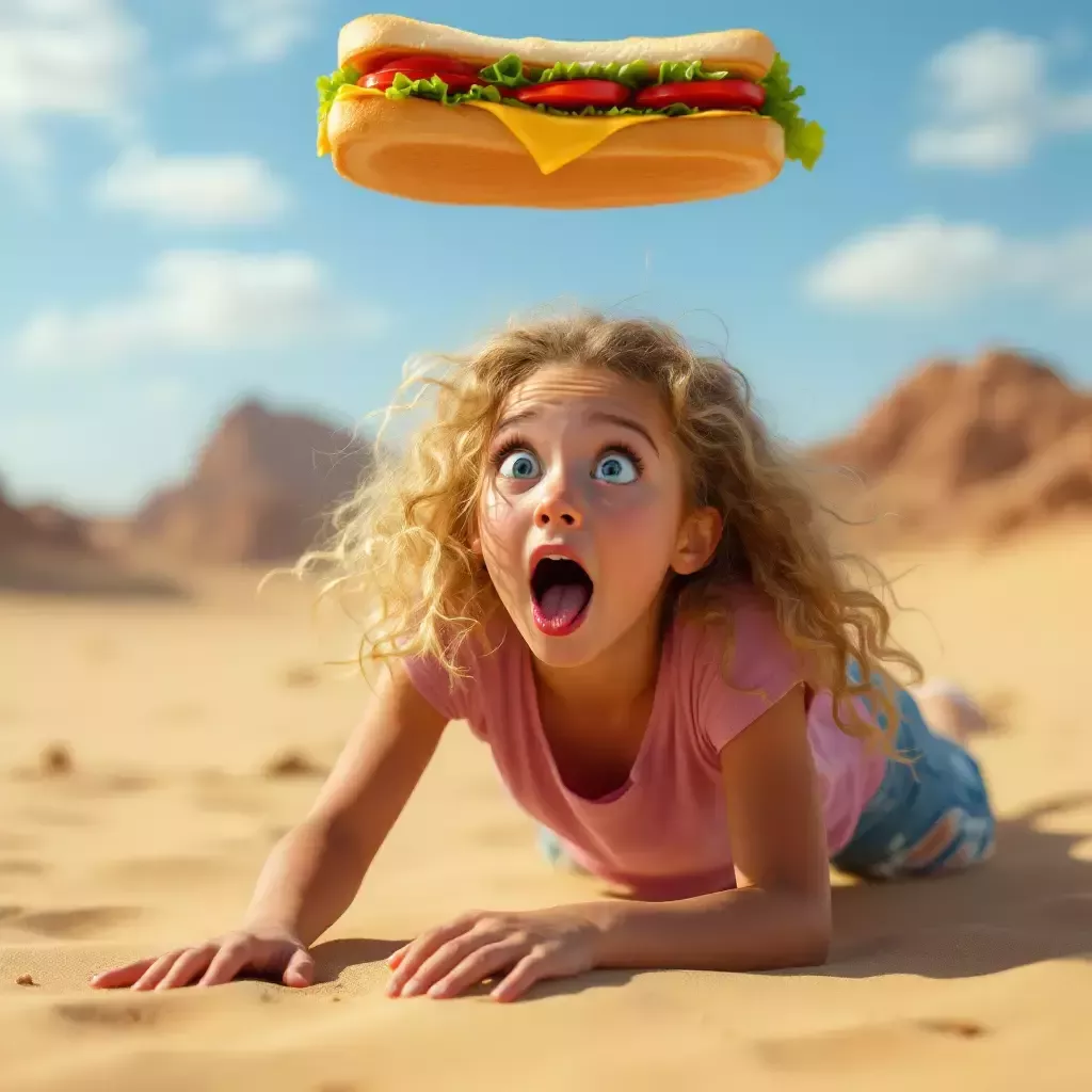 Lila's imagination kicks in as she sees herself in a desert, crawling on the sand with a mirage of a giant sandwich floating above her head. Her expression is comically exaggerated, eyes wide and tongue out, reaching desperately for the mirage.