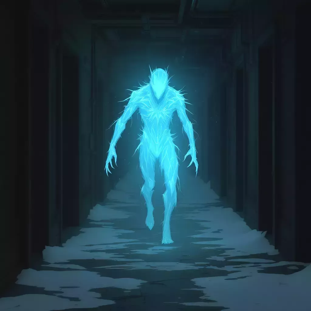 The anomaly, a shimmering, icy figure, prowls the corridors.