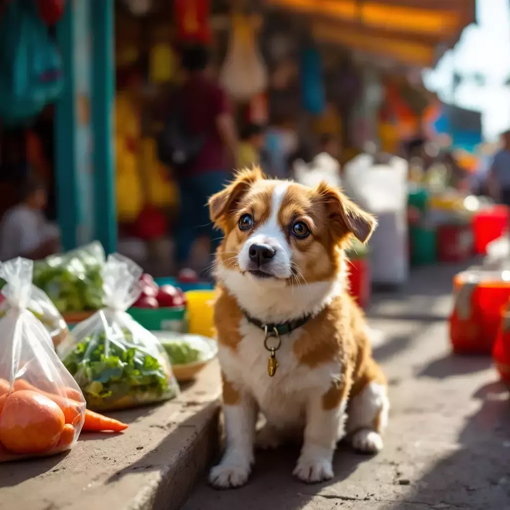 A busy and colorful market in Tijuana, with Bing, a small brown-and-white dog, exploring the stalls and bustling crowd.