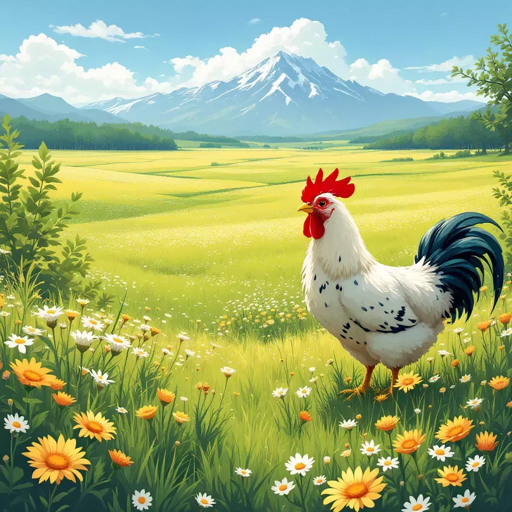 Marley in a meadow, looking amazed at the vast open fields with blooming flowers and a distant mountain range.