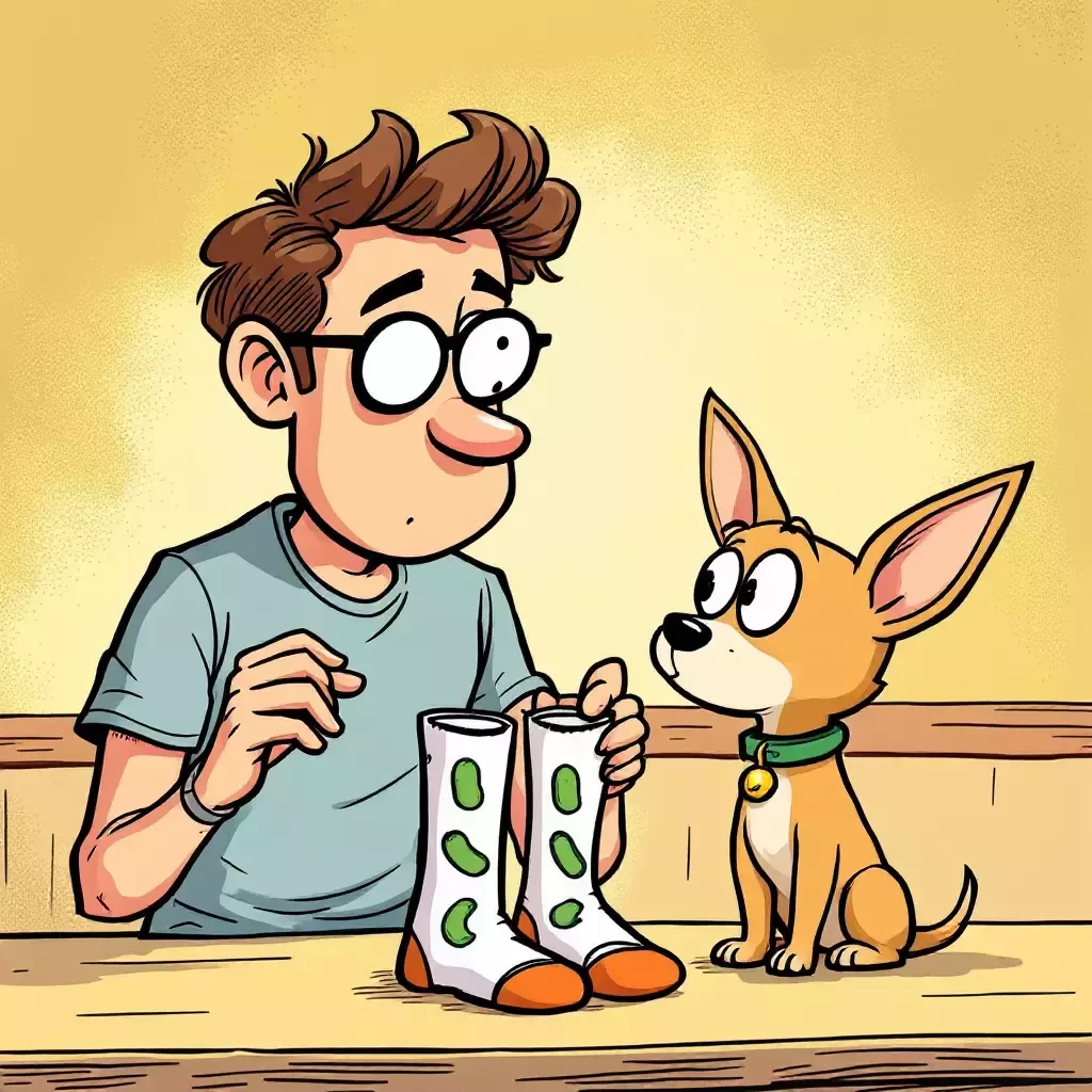 Bob and Max examine a pair of socks with pictures of pickles on them. Bob looks puzzled, and Max tilts his head.