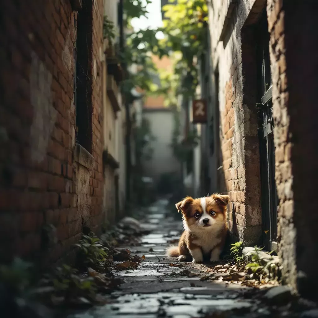 A quiet alley where Bing hides, curled up and looking scared, trembling in a corner.