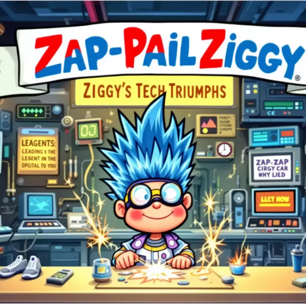 A banner at the top says "Epic Pail Kids". It has a white border. A title at the bottom says "Zap-Zap Ziggy".
The frame features "Zap-Zap Ziggy". Ziggy is a tech-savvy boy with spiky blue hair and futuristic goggles perched on his forehead. He's surrounded by a flurry of computer screens, wires, and digital displays, with sparks flying from a gadget he's tinkering with. The backdrop is a high-tech lab, full of blinking lights and tech equipment. A sign says "Zap-Zap Ziggy's Tech Triumphs".