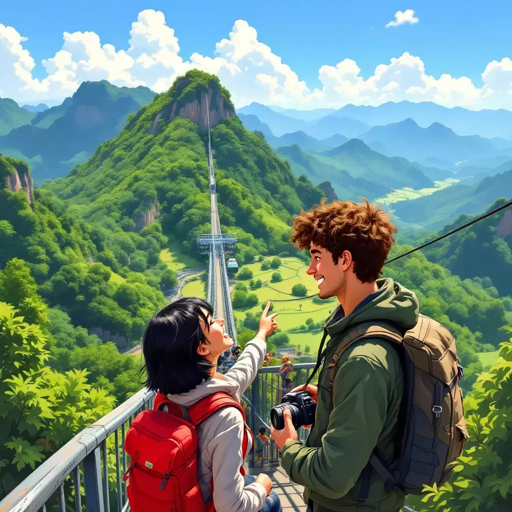 A scenic view of Ta Cu Mountain, covered with lush greenery under a clear blue sky. A cable car can be seen ascending the mountain with tourists inside, excitedly pointing at the view.