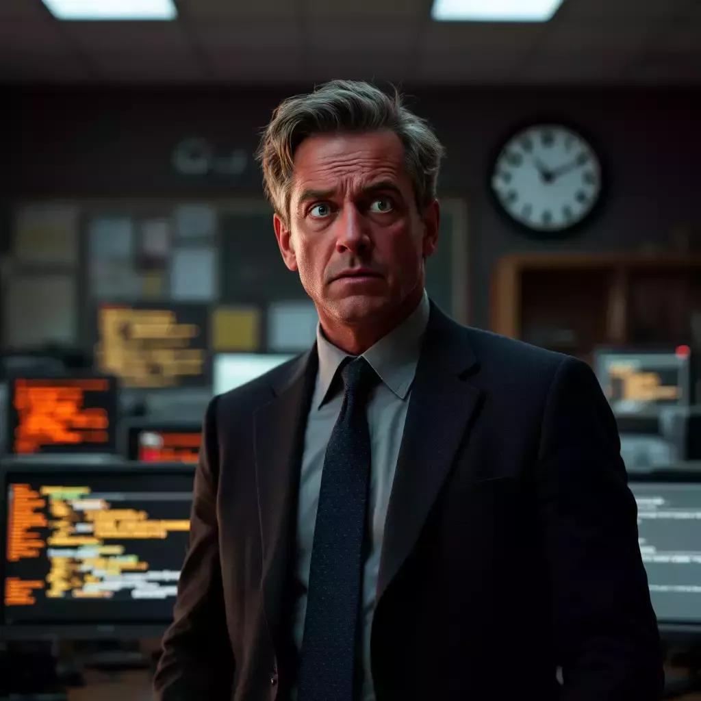 A frustrated manager, with a red face and furrowed brows, stands in an office room filled with computer screens displaying error messages. He's wearing a suit and tie, and his hair is slightly disheveled. The clock on the wall shows late afternoon.