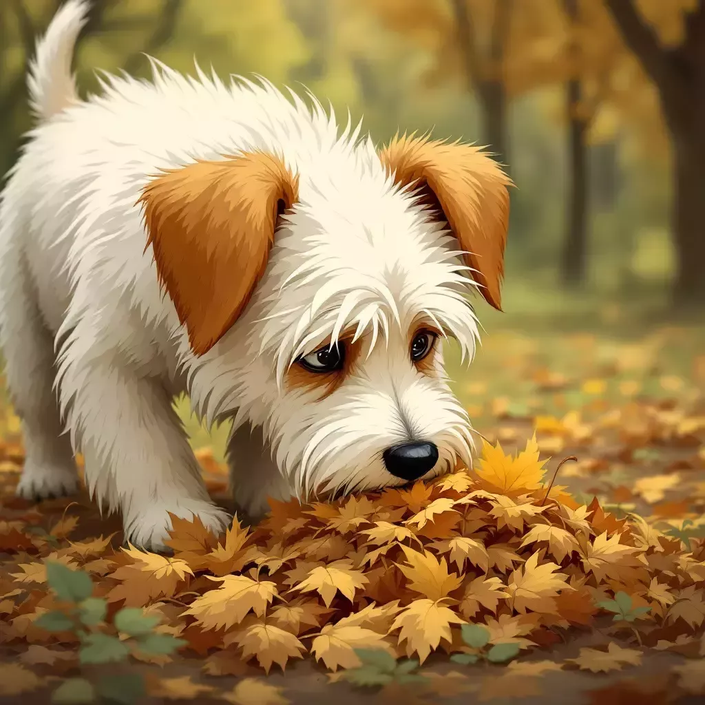 Bing a scruffy white terrier with tan floppy ears is sniffing a pile of leaves with a searching look on his face