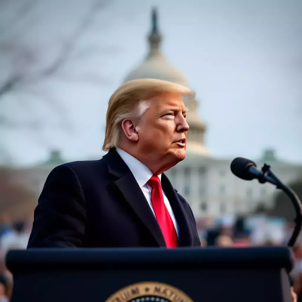 Donald Trump is standing at a podium at his inauguration ceremony, but the area is completely empty with no audience present. The background shows the iconic Capitol building. Trump is looking to the right.