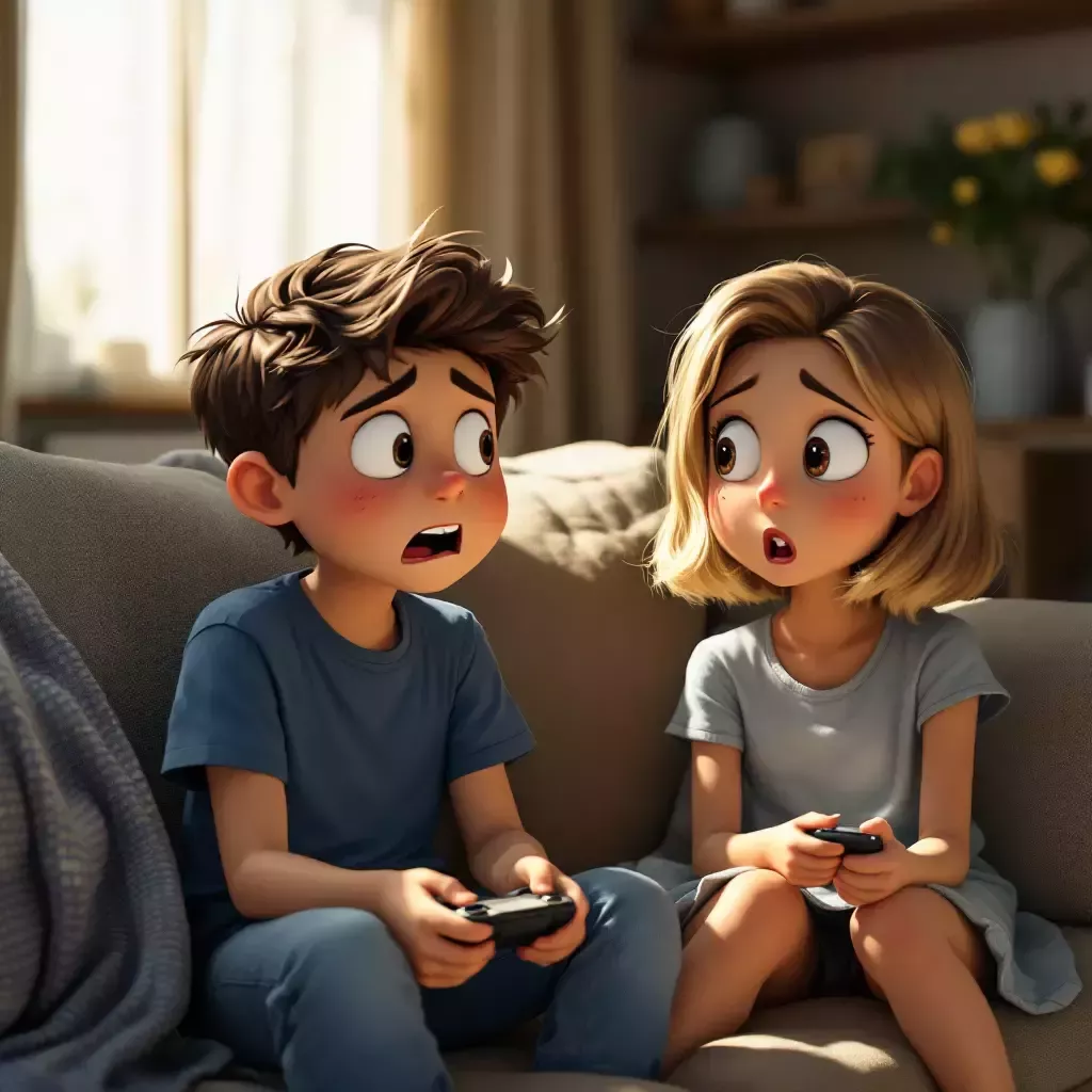 Mommy gasps in shock as she notices a wet spot on the sofa, while Billy looks embarrassed.