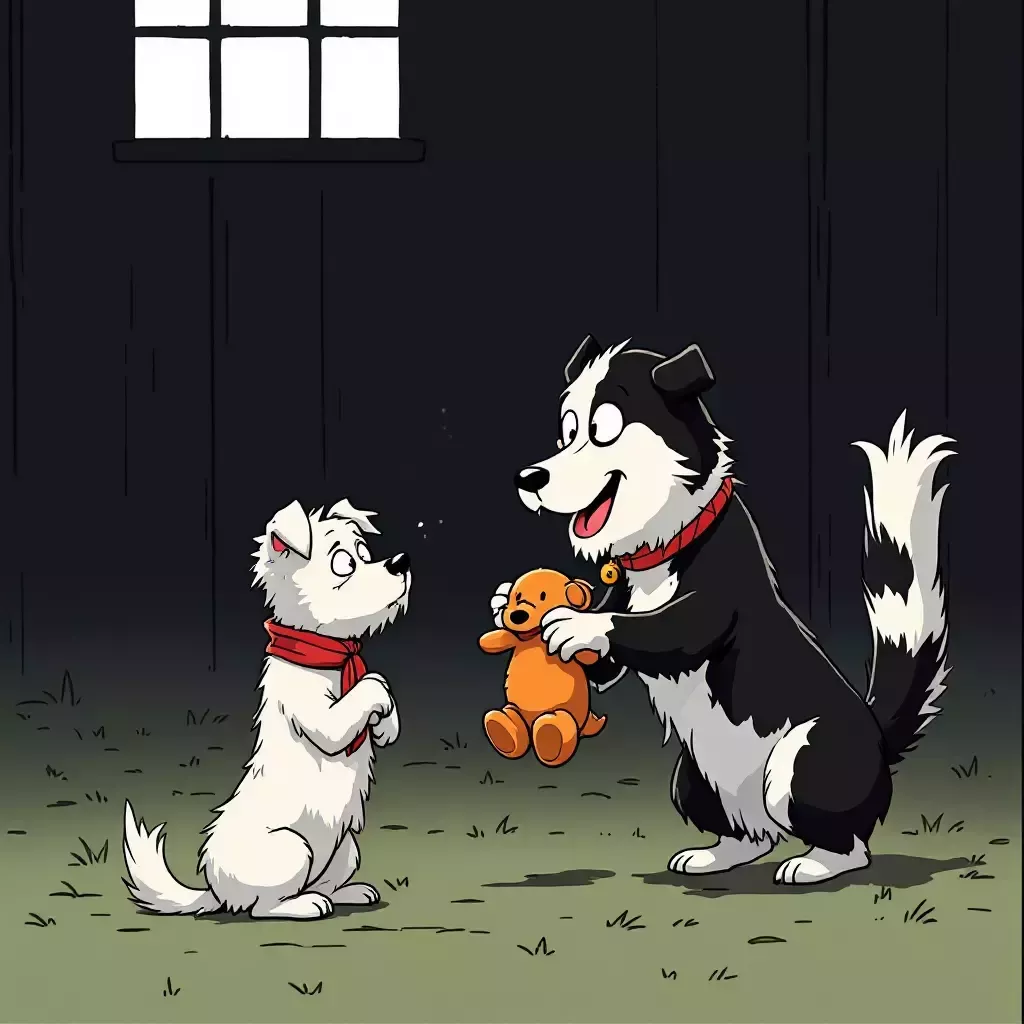 Bing has dropped the toy, looking bewildered as Maggy the cattle dog happily grabs it and wags her tail. The toy is now in Maggy's possession.