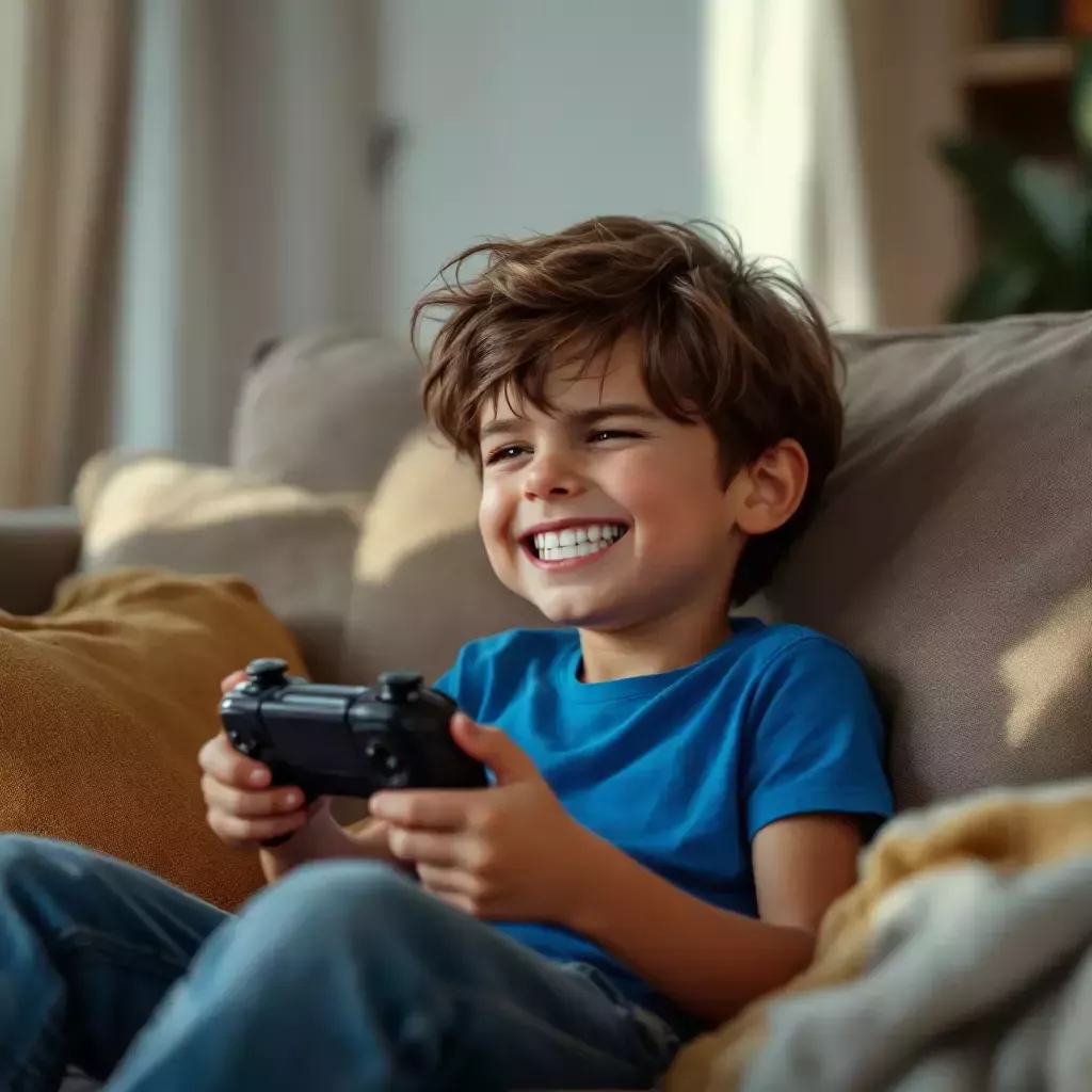 Billy, engrossed in his game, starts fidgeting uncomfortably on the sofa.