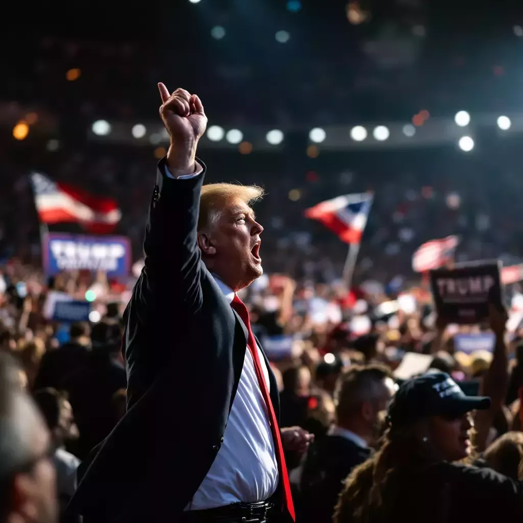 A Trump rally with a large crowd waving flags and chanting slogans in support of his vision.