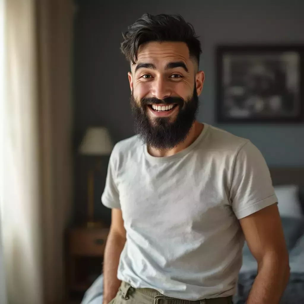 Daddy is smiling in a bedroom.