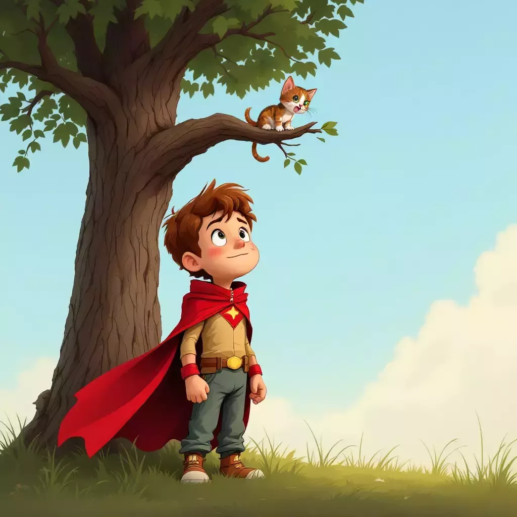 A determined boy in a superhero costume, standing under a tall tree with a small kitten perched on a high branch.