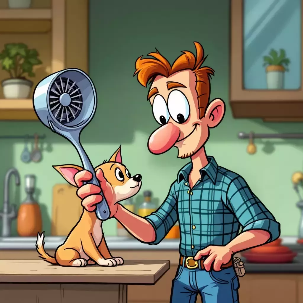 Close-up of Bob holding a bizarre kitchen gadget that looks like a hybrid between a spoon and a fork with a tiny fan attached. The Chihuahua is sniffing it curiously.