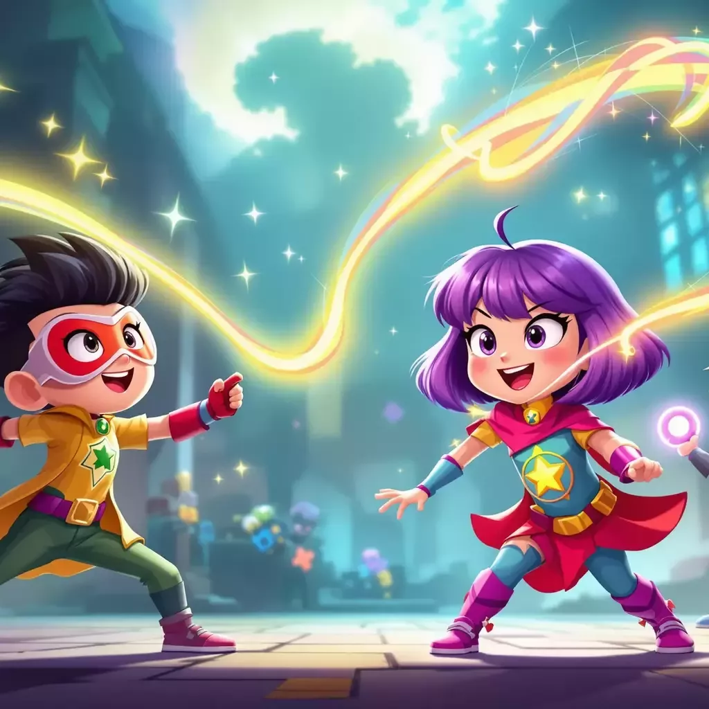 The daughter quickly swings her glowing, colorful lasso shaped like a magical ribbon towards the mischievous spirit. Her teammates prepare their fun-looking containment devices that resemble toys, ready to assist.