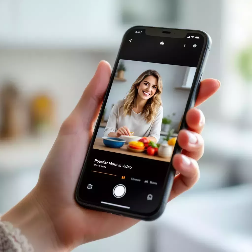 A close-up of Mommy's phone screen shows a video of a popular mom juggling cooking, cleaning, and exercising with a smile.