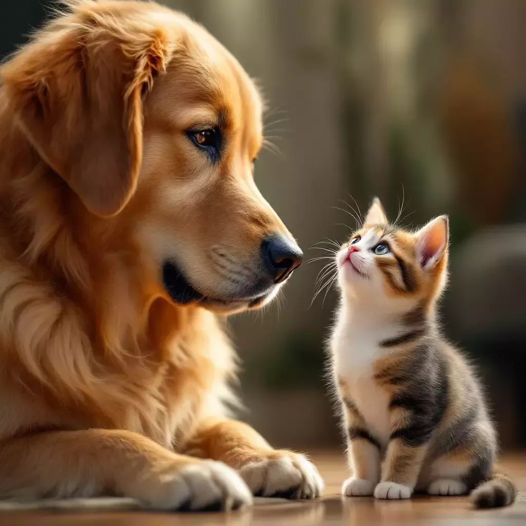 The cat, Mittens, looks at the Sunny and Luna (a Shiba Inu dog) with a calm and confident expression, licking its paw.
