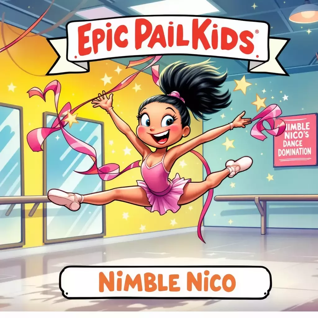 A banner at the top says "Epic Pail Kids". It has a white border. A title at the bottom says "Nimble Nico".
A GPK-style card with "Nimble Nico". Nico is a spry and energetic girl with jet-black hair tied in a high ponytail. She's seen leaping gracefully through the air, surrounded by ballet slippers, ribbons, and stars. The background is a vibrant dance studio with mirrors and a barre, and a poster that says "Nimble Nico's Dance Domination".
