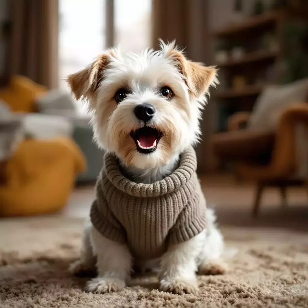 Bing is now bundled in a small doggy sweater, yet still barking.  The livingroom is in the background