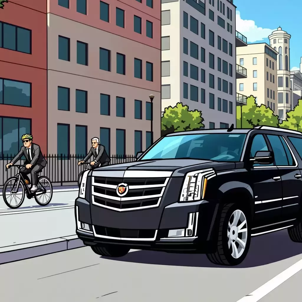 A cadillac escalade drives next to a bike lane