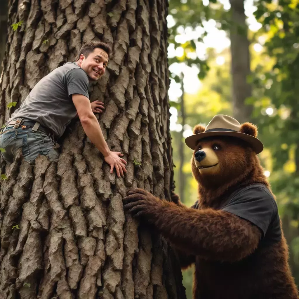 Elon Musk is awkwardly trying to climb a tall tree while Smokey Bear watches with a satisfied grin. The tree is thick and covered with green leaves, and Elon looks determined but clumsy.