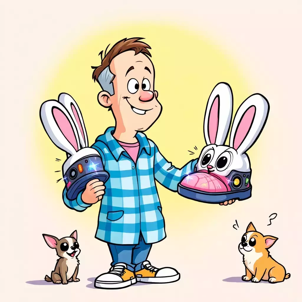 Bob holds a pair of bizarre-looking slippers with built-in speakers and flashing lights. The slippers are shaped like oversized bunny ears. The Chihuahua is barking at them, while Jerry remains motionless.