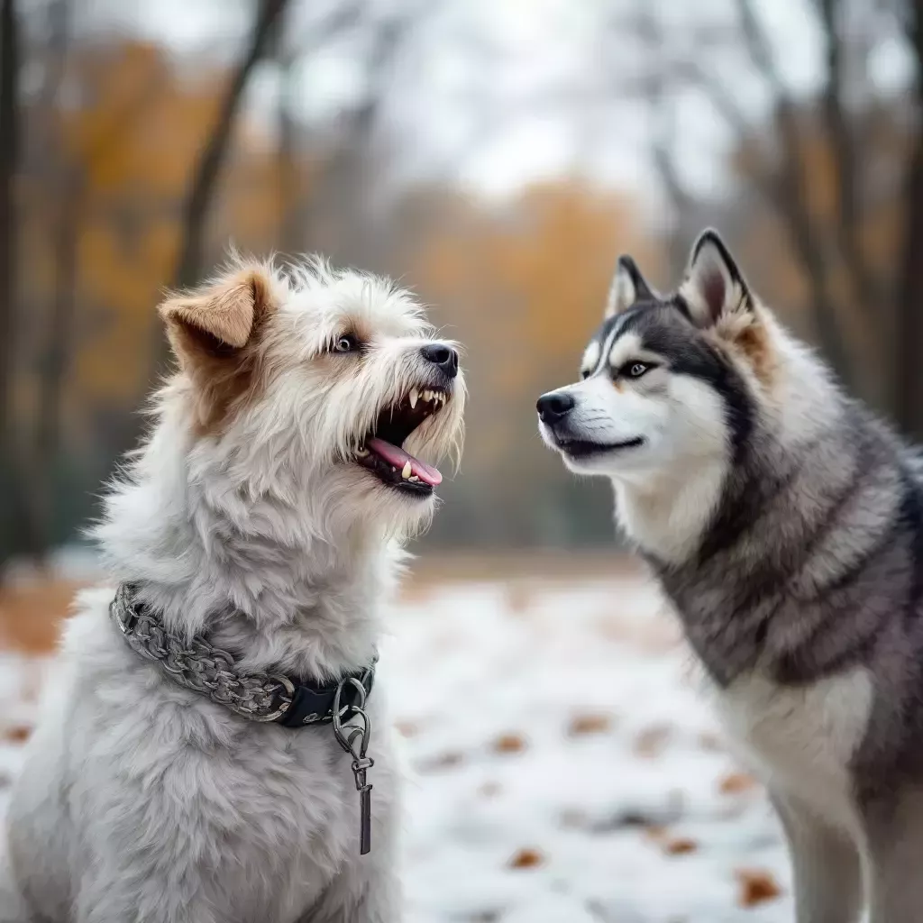 Bing, a scruffy white terrier with tan floppy ears, stands on his hind legs and tries to look mean.  A friendly black husky looks at Bing.  The park is in the background.