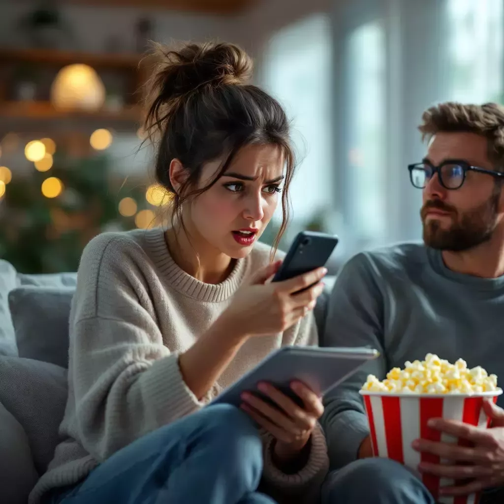 In the final frame, Mommy looks exasperated but determined. She has her phone in one hand and a notepad in the other. Daddy is sitting nearby holding a bucket of popcorn.