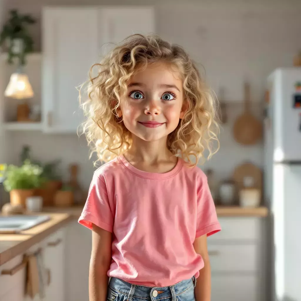 A young girl with blonde curly hair, wearing a pink t-shirt and ripped, stands in a kitchen with a slightly exaggerated expression of hunger on her face. The kitchen is bright and tidy, with a fridge and a counter visible.