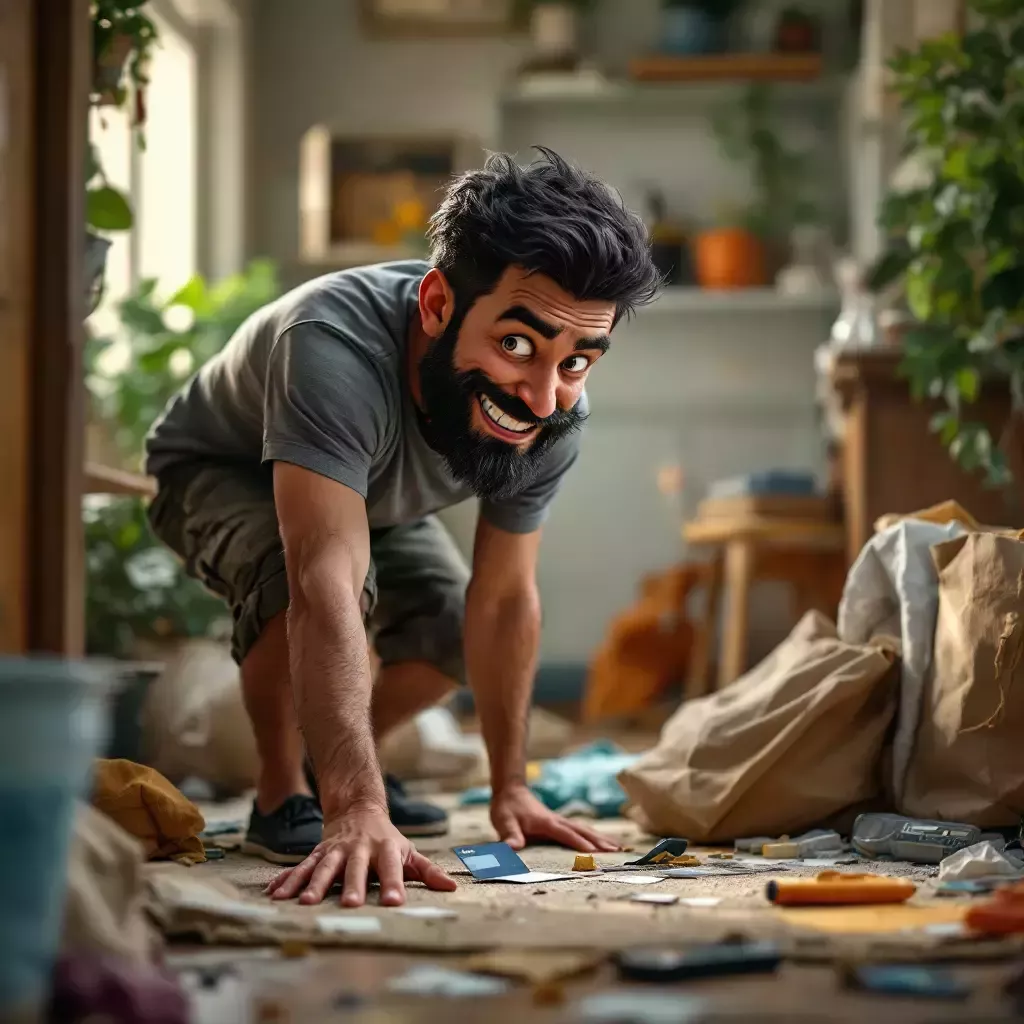 Daddy is bending down, spotting Mommy's credit card on the floor amidst the mess. He has a mischievous grin on his face.