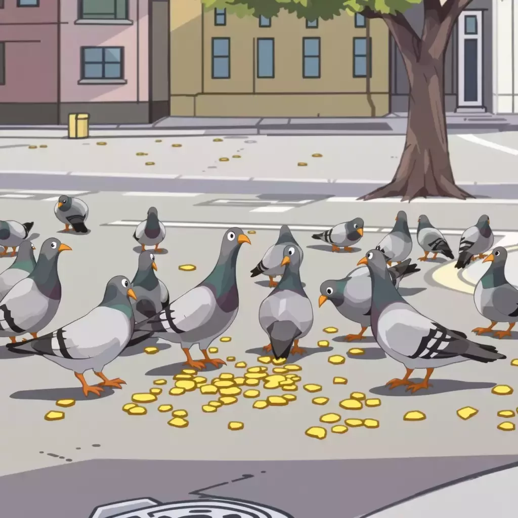 A comedic scene where a group of pigeons are pecking at crumbs on the road, seemingly unbothered by the traffic chaos around them. A dog on the sidewalk watches them curiously.