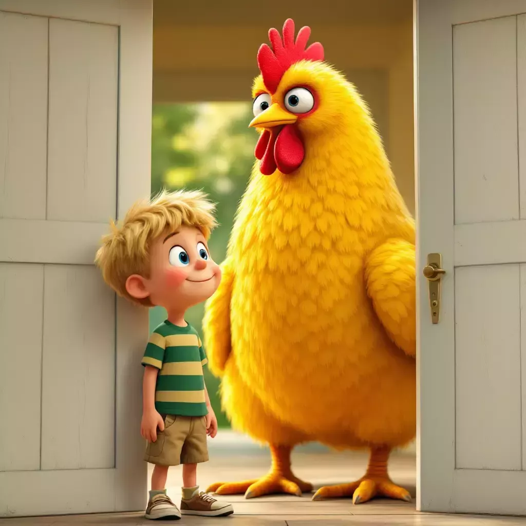 The door opens to reveal a giant chicken standing outside. It's comically oversized, with bright yellow feathers and a red comb on its head.