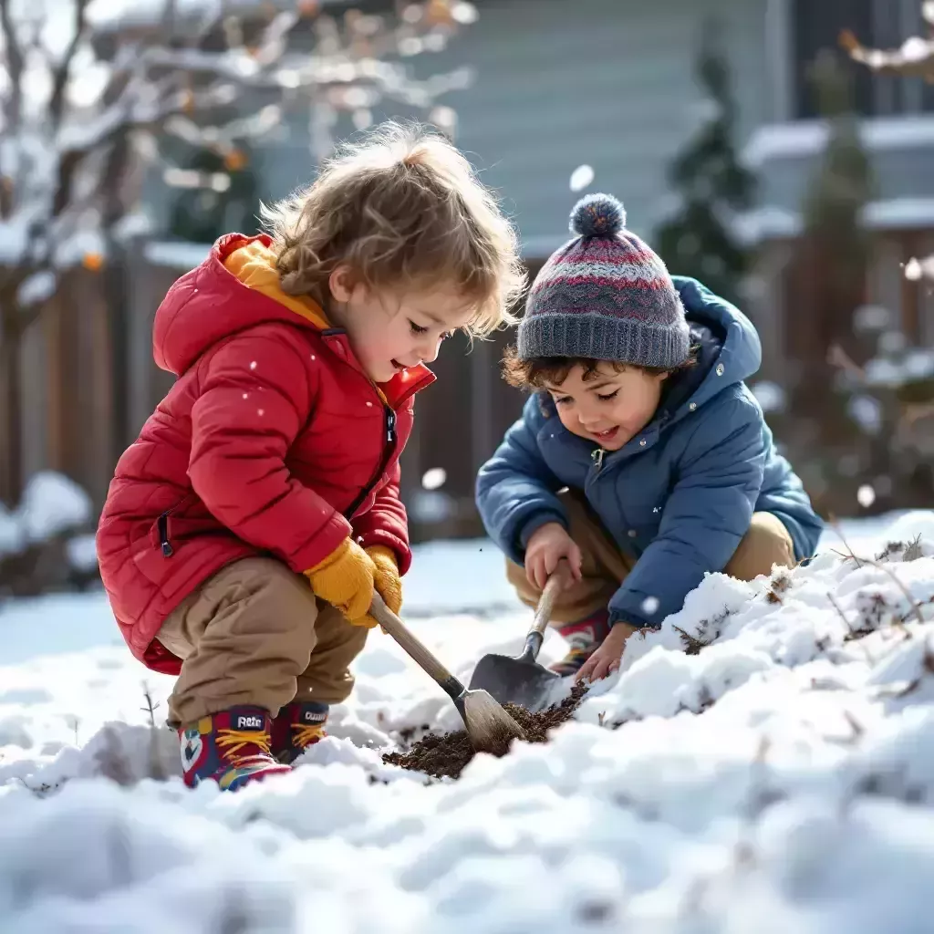 Remy and Ziggy, bundled up in winter attire, shoveling snow to create a small grave.