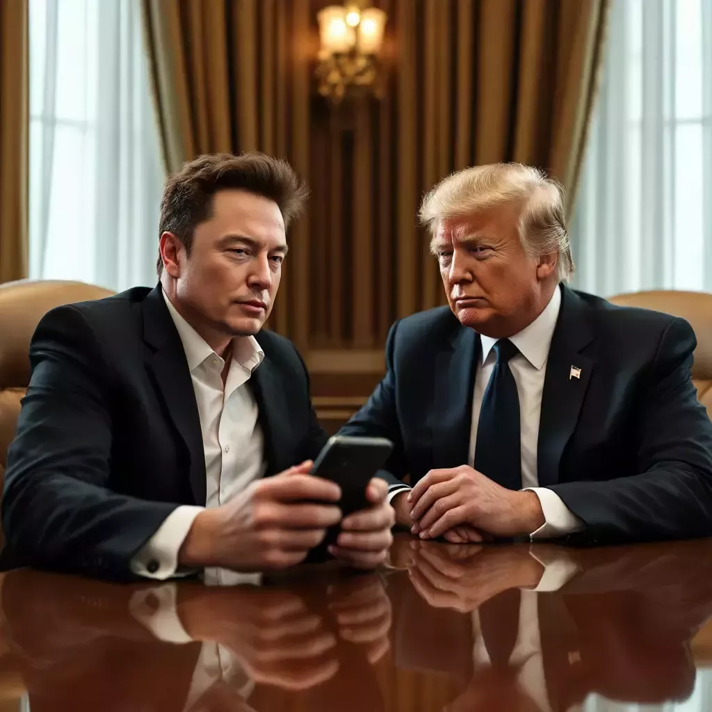 Elon Musk and Donald Trump are sitting in a luxurious conference room, with Musk holding a remote control labeled 'Decision Maker.'