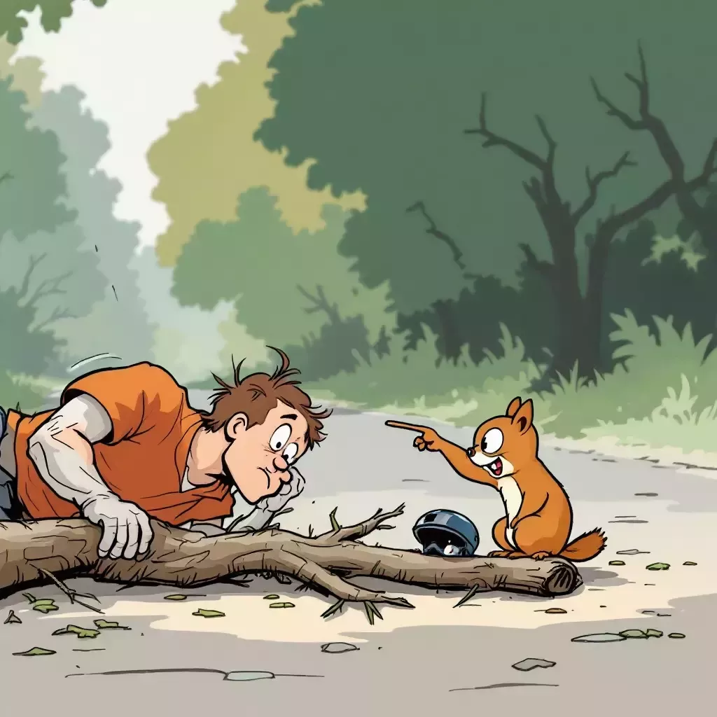 The squirrel is seen knocking a branch off the tree; it is falling directly onto the helmetless cyclist.