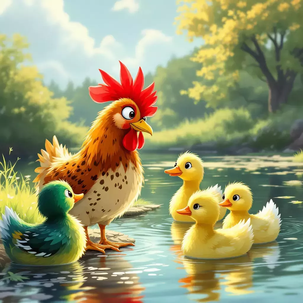 Marley meeting a group of curious wild ducks by a shimmering pond.