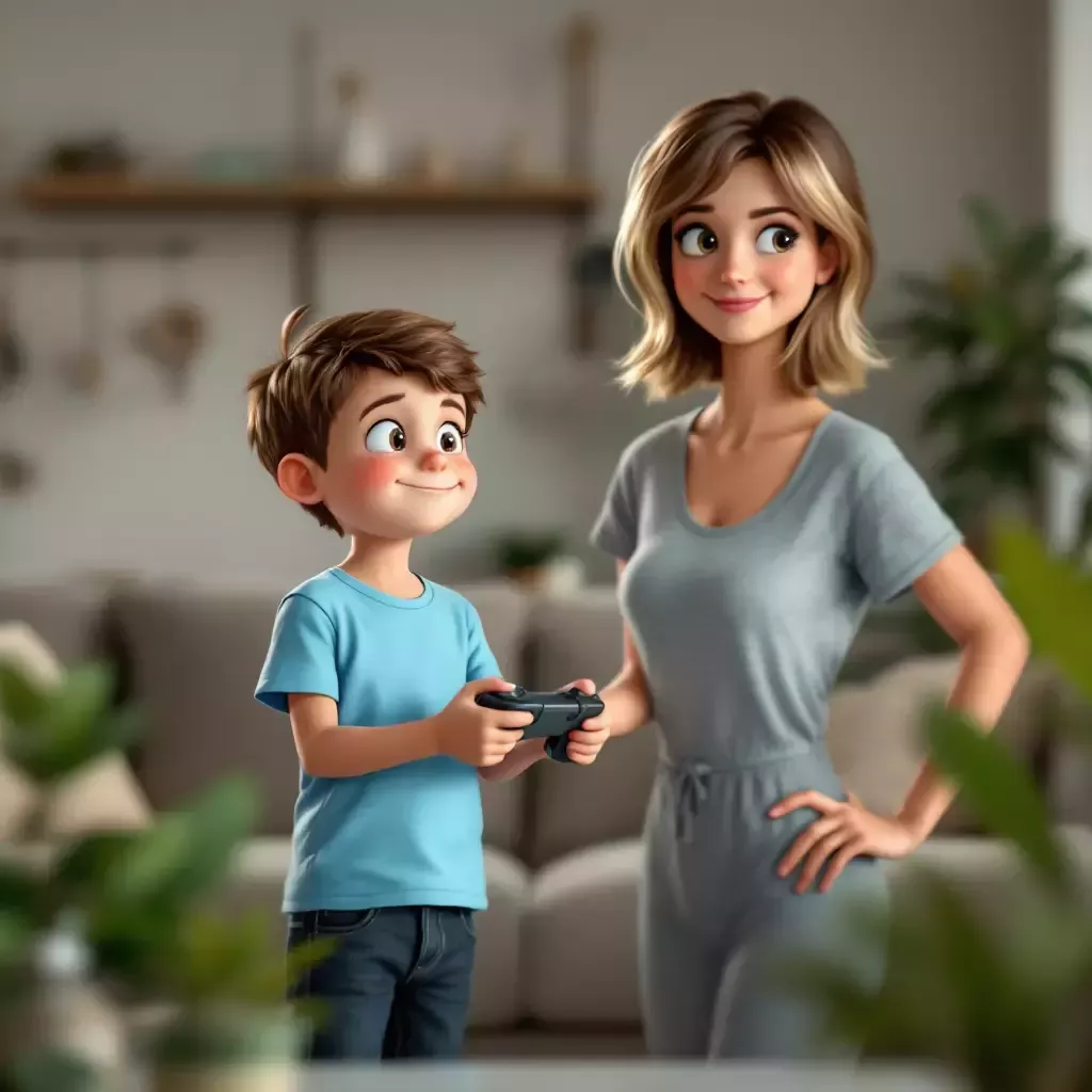 Mommy stands by the sofa, hands on her hips, while Billy continues playing.