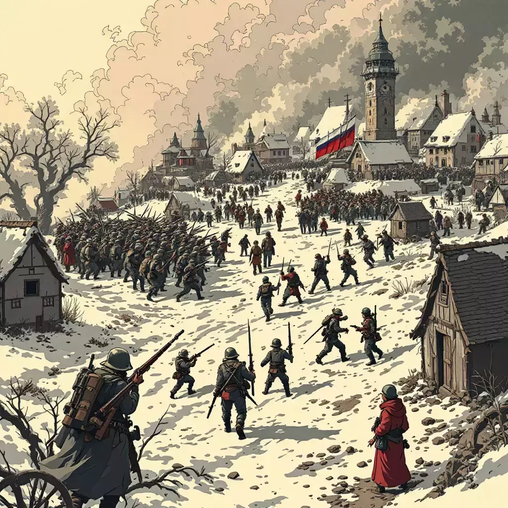 An army equipped with modern weapons advances toward a rustic American frontier.