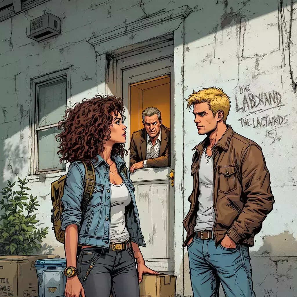 Nikki and Jeff stand outside a shabby apartment building with their belongings, looking dismayed as their landlord smirks from the doorway.