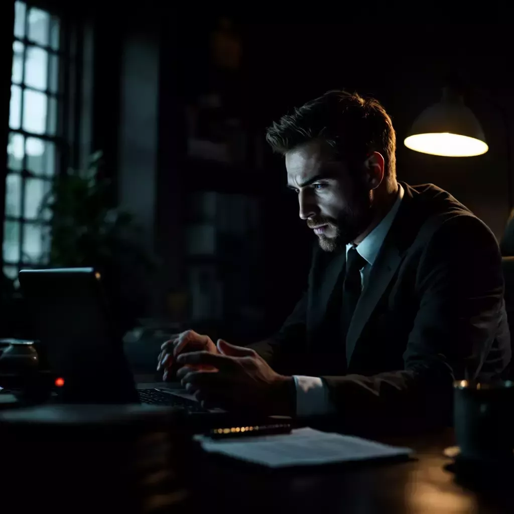 John reads an ominous message on his screen in a dimly lit office.