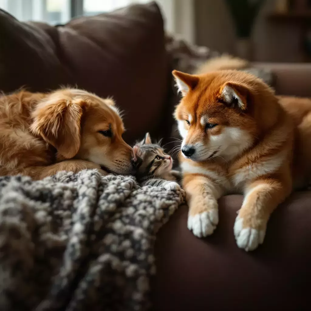 Mittens sprawled comfortably on the couch while Sunny and Luna (a Shiba Inu)  exchange a defeated look.