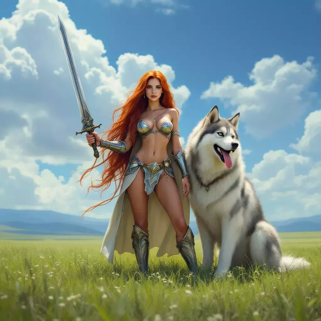 A vast, green plain stretches across the horizon under a bright blue sky. Hallie, a warrior princess with long, flowing auburn hair and a suit of shining armor, stands confidently with her sword raised. Beside her is Carini, a massive husky dog with thick white and grey fur and striking blue eyes, who looks ready for adventure.