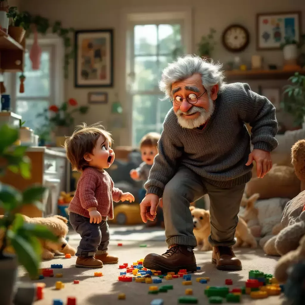 Flashback scene of a chaotic household with a baby crying, a toddler running around, and a dog barking. Grandpa Bill steps on a Lego.