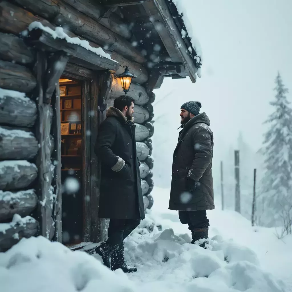 Ivan stands at the door of his cabin, opening it to reveal Vladimir, a tall man dressed in heavy winter attire, standing amidst a snowstorm.