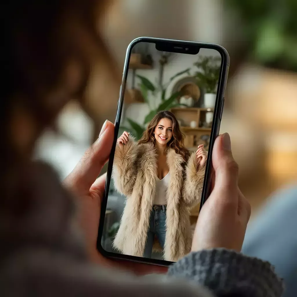 A close-up of Mommy's phone screen showing a video of a woman holding up a second-hand, extravagant fur coat.