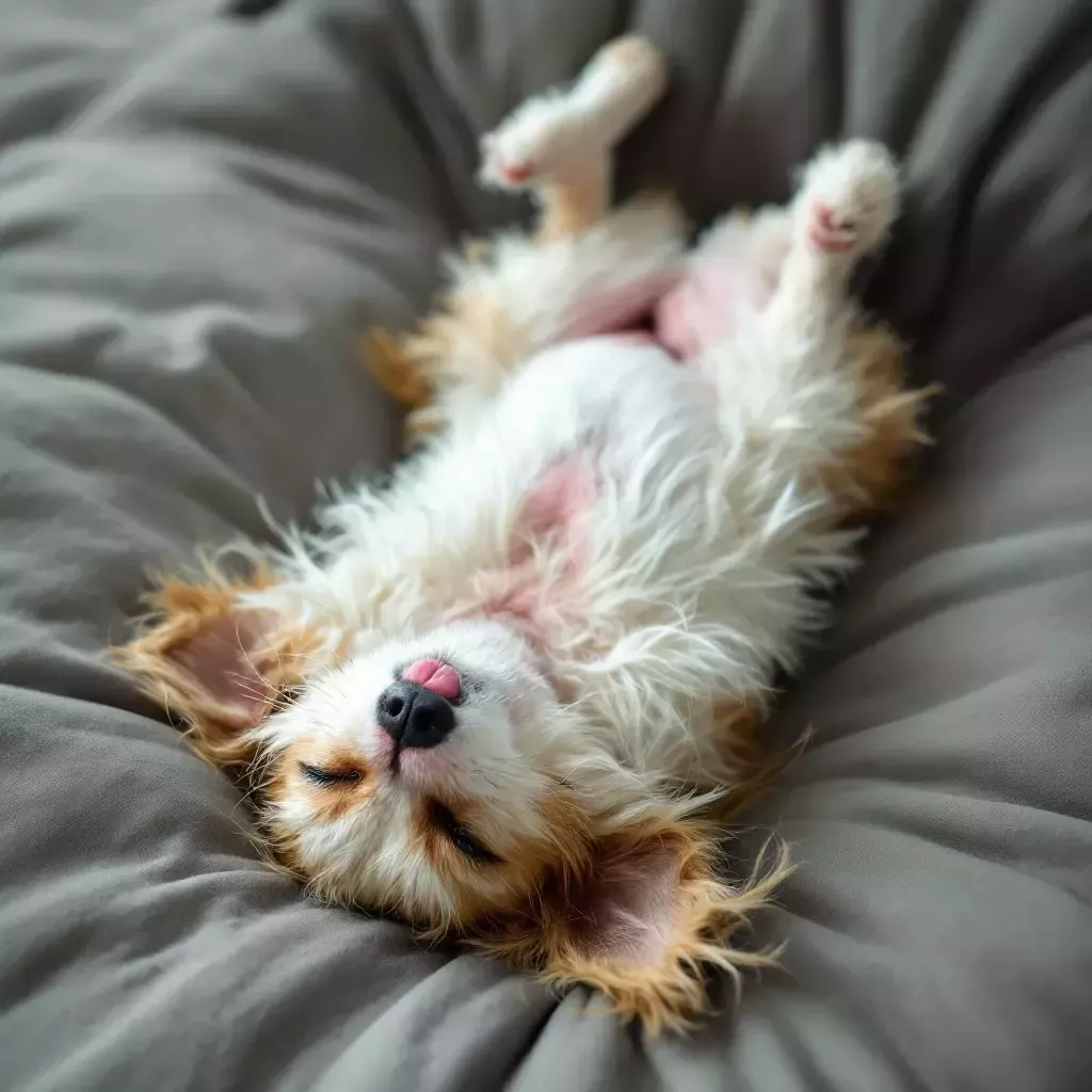 Bing is now sleeping on his back, his pink belly exposed, and his legs sticking up in the air.