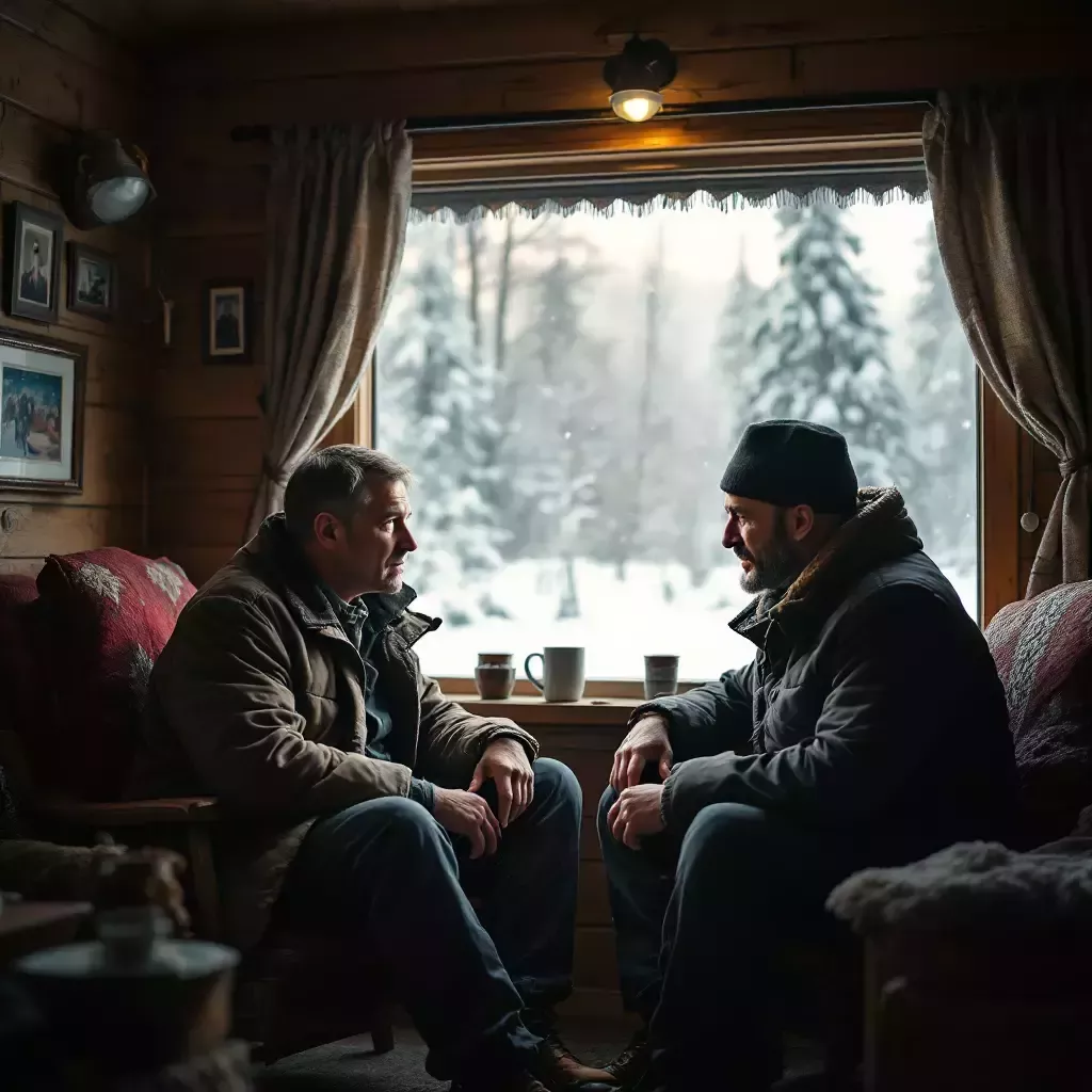 Inside the cabin’s cozy sitting area, Ivan and Vladimir sit across from each other, engaged in a serious conversation.
