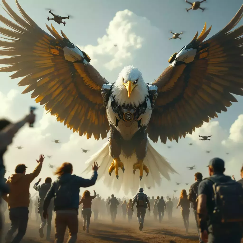 Citizens flee in panic as the robotic eagle commands an army of drones.