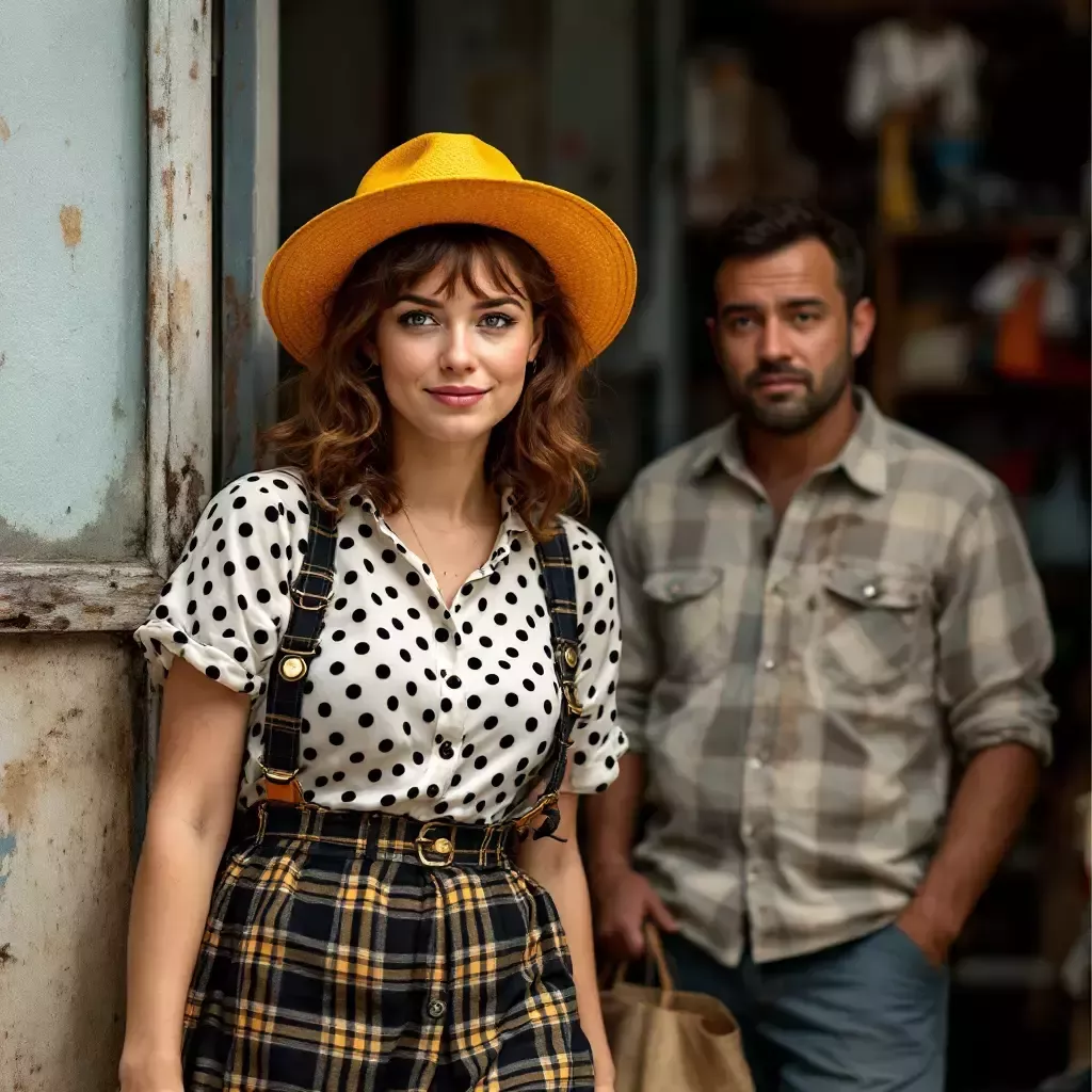 Mommy emerges from the thrift store wearing a motley collection of clothes: a plaid skirt, polka dot blouse, and a bright yellow hat. Daddy has a bemused expression.